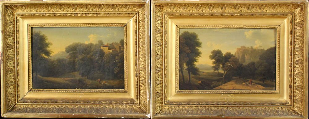Jean Victor Bertin (1767-1842)-studio, Pair of landscap: Jean Victor Bertin (1767-1842)-studio, Pair of landscapes with shepherd by a river and a lake, oil on canvas, in period frames; a pair. 18,5x28cm