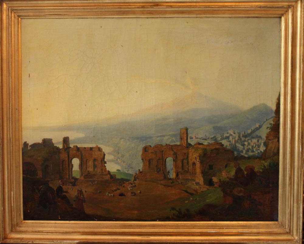 Carl Rottmann (1797-1850)-school, The old Amphytheater : Carl Rottmann (1797-1850)-school, The old Amphytheater in Taormina, with visitors, a shepperd with girl, sheeps and the artist with compagnions sketching, with view to the town of Taormina the Etna, G