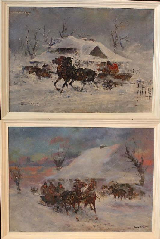 Juliusz Stabiak (1917-1973), Pair of paintings with Pol: Juliusz Stabiak (1917-1973), Pair of paintings with Polish farmers driving sledges with horses in winter. Oil on canvas, both signed, framed. 71x93cm and 68x98cm