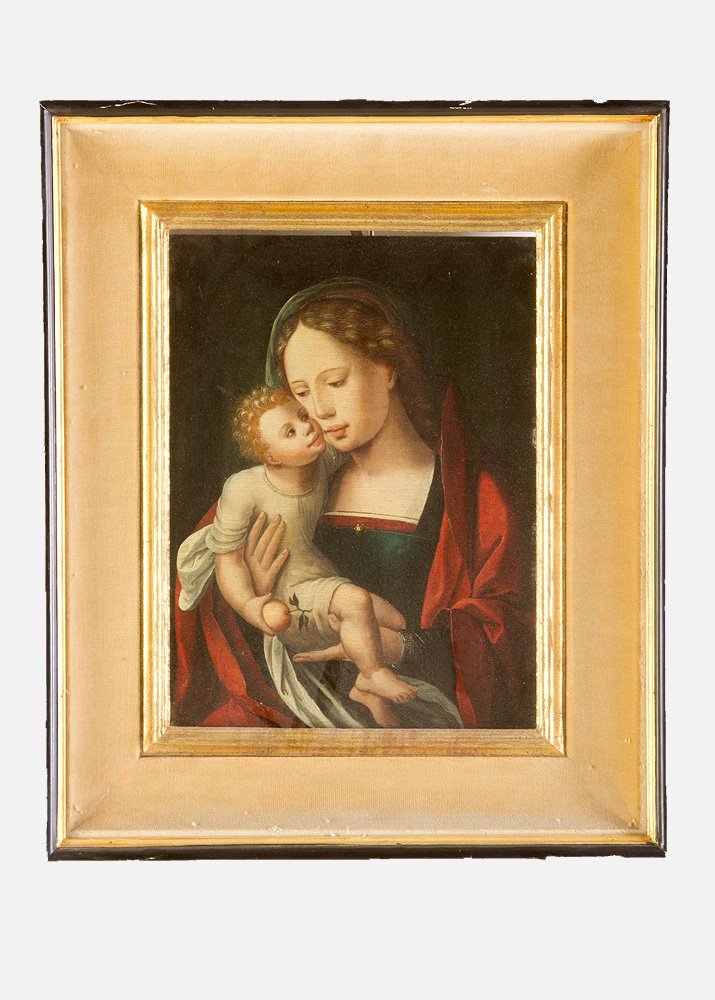 Jan Gossaert Mabuse (1478-1532)-circle, Maria with: Jan Gossaert Mabuse (1478-1532)-circle, Maria with Child holding apple in front of dark background, oil on oak panel, under glass, framed.