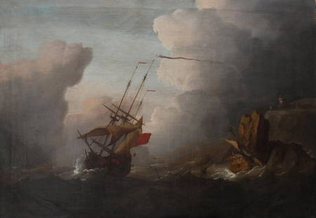 Willem van de Velde the Younger (1633-1707)-circle,: Willem van de Velde the Younger (1633-1707)-circle, Ships in stormy see at the coast, oil on canvas.