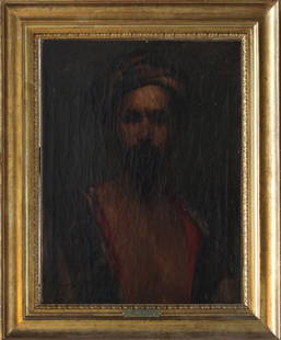 Ferdinand Victor Eugène Delacroix: Ferdinand Victor Eugène Delacroix (1798-1863)-attributed, Portrait of an oriental, oil on canvas, in gilded and partly carved frame with brass lable Delacroix.