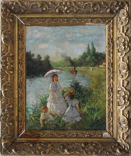 American School 20. Century, Ladys by a River with: American School 20. Century, Ladys by a River with steam boat in Distance, oil on canvas, framed,