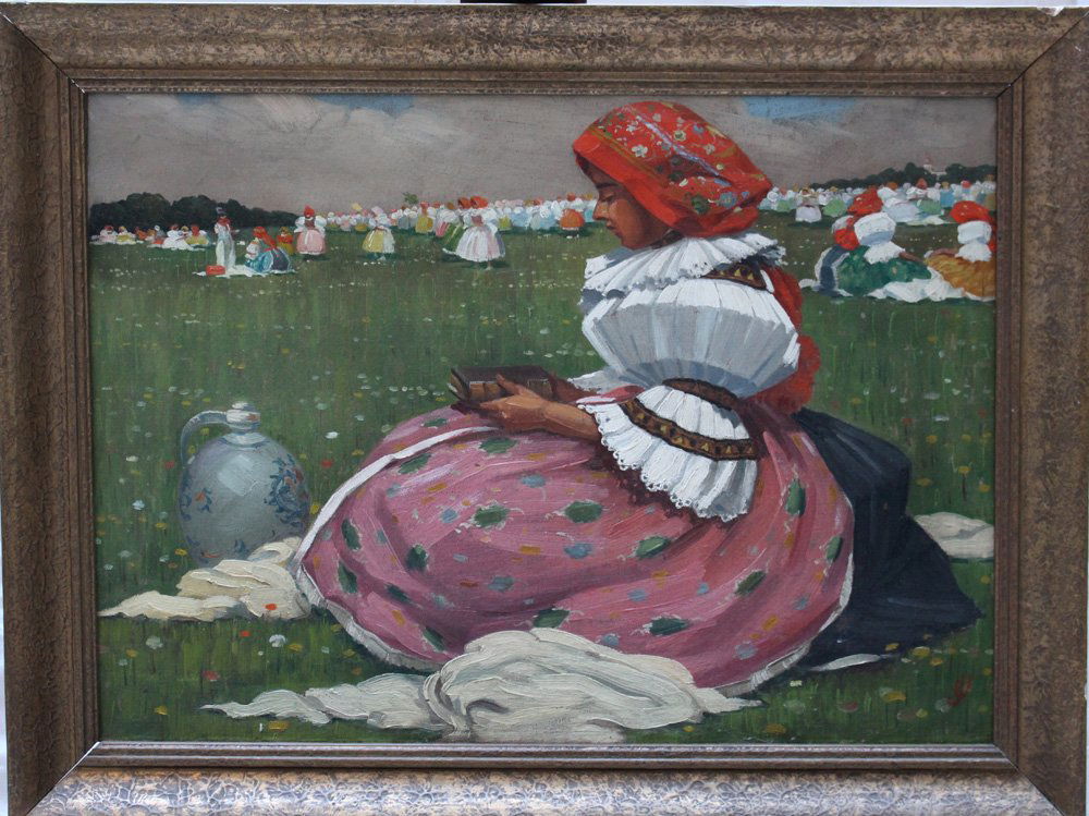 Joža Uprka (1861-1940), Slovakian girl resting on a: Joža Uprka (1861-1940), Slovakian girl resting on a meadow with other girls in traditional dresses in the background; oil on canvas; monogrammed bottom right.