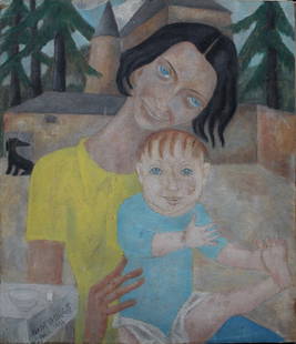 Marie Vassilieff (1884-1957)-attributed, Woman with a: Marie Vassilieff (1884-1957)-attributed, Woman with a child and Dog in front of a House by a Forest, signed dawn left Marie Vassilieff and dated Paris 1936, on wooden panel laid dawn on panel.