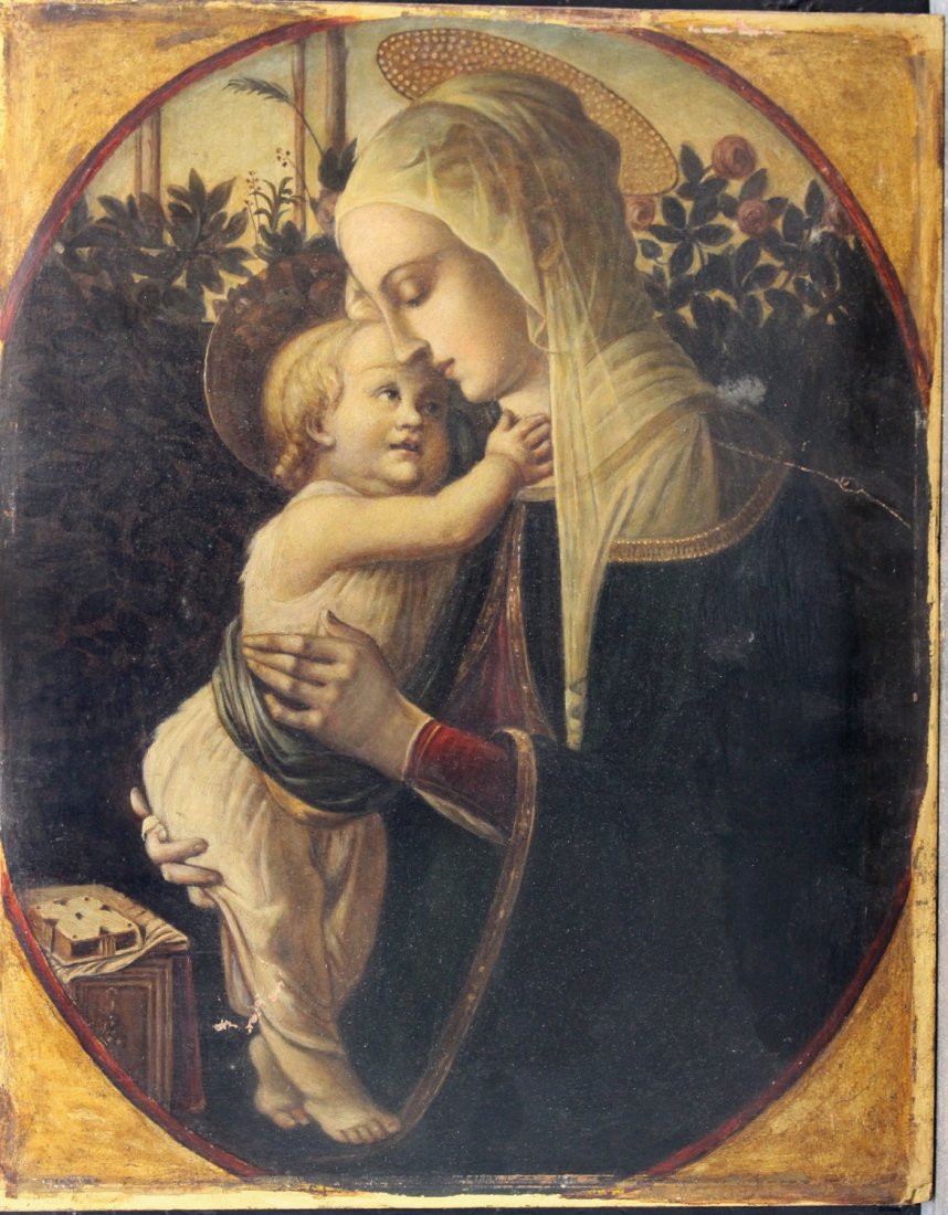 Perino del Vaga (1501-1547)-follower, Maria with Jesus: Perino del Vaga (1501-1547)-follower, Maria with Jesus in front of roses in landscape; painted in oval form, surrounded by gilded ground; oil on wooden panel. 41x33cm