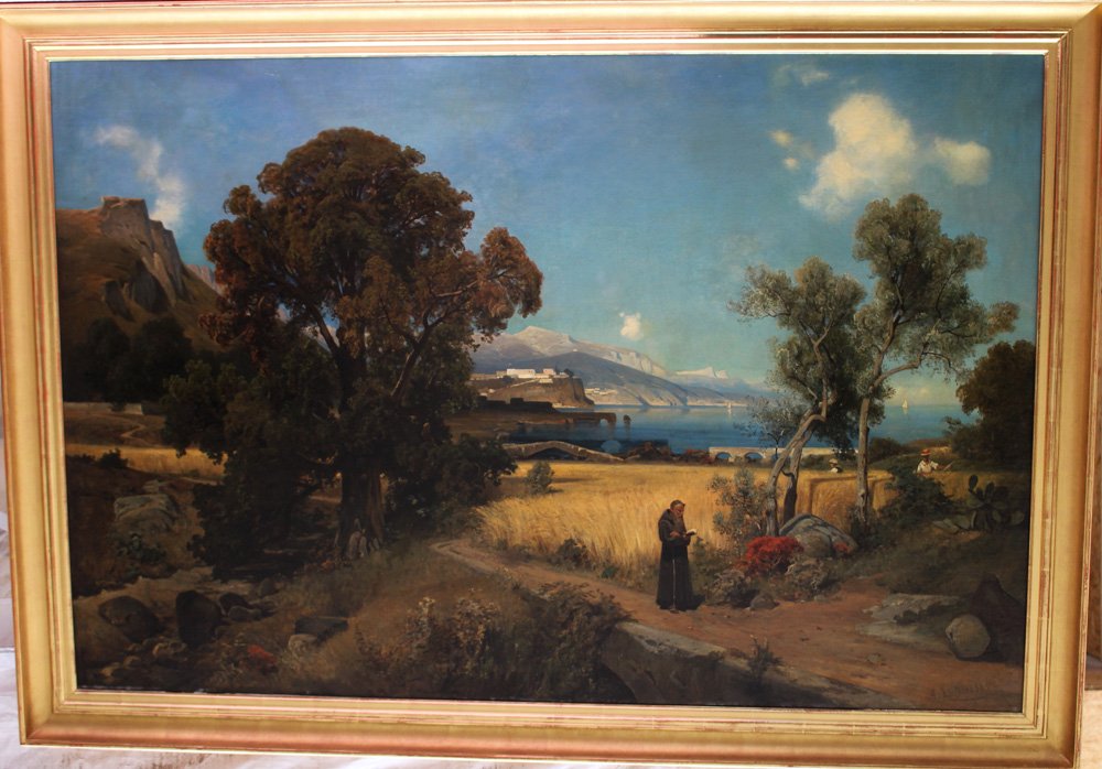 Oswald Achenbach (1827-1905)-school of, View of a: Oswald Achenbach (1827-1905)-school of, View of a southern Italian landscape with coastline by the mountains and a priest walking by some farmers harvesting; oil on canvas, signed bottom right "A. Luf