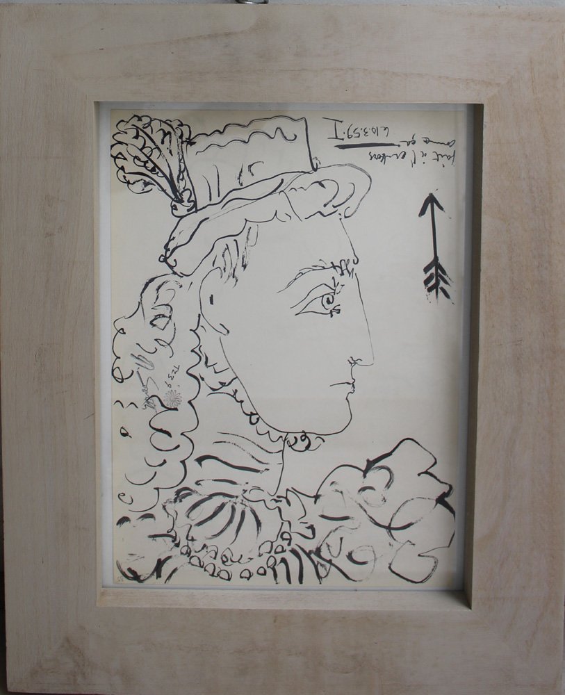 Pablo Ruiz Picasso (1881-1973), Graphic on paper, dated: Pablo Ruiz Picasso (1881-1973), Graphic on paper, dated 10.03.1959, with some numbers and autenticity stamp by David Smith, Manchester; framed, under glass. 37x26cm