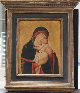 Paolo Veneziano (before 1333-after 1358)-circle,: Paolo Veneziano (before 1333-after 1358)-circle, Madonna holding Child, with halo, in black costume, with red borders and dress; gilded descriptions and decorations on the clothing, as well partly gre