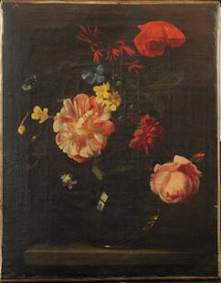 Rachel Ruysch (1664-1750)-attributed, Flowers in a: Rachel Ruysch (1664-1750)-attributed, Flowers in a glass vase on a stone plynth, in front of dark background; oil on canvas, framed; with old lable. 41,5x33cm