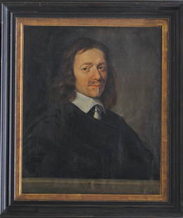 Philippe de Champaigne (1602-1674)-manner of, Portrait: Philippe de Champaigne (1602-1674)-manner of, Portrait of a gentleman in black robe with white ruff, in front of grey background; on the bottom stone border with monogramm A and date 1675; in a later