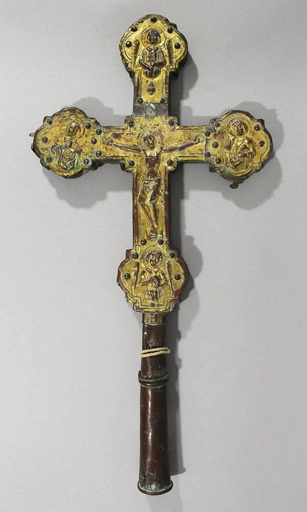 Early processional cross, gilded copper on wood with (1 of 3)