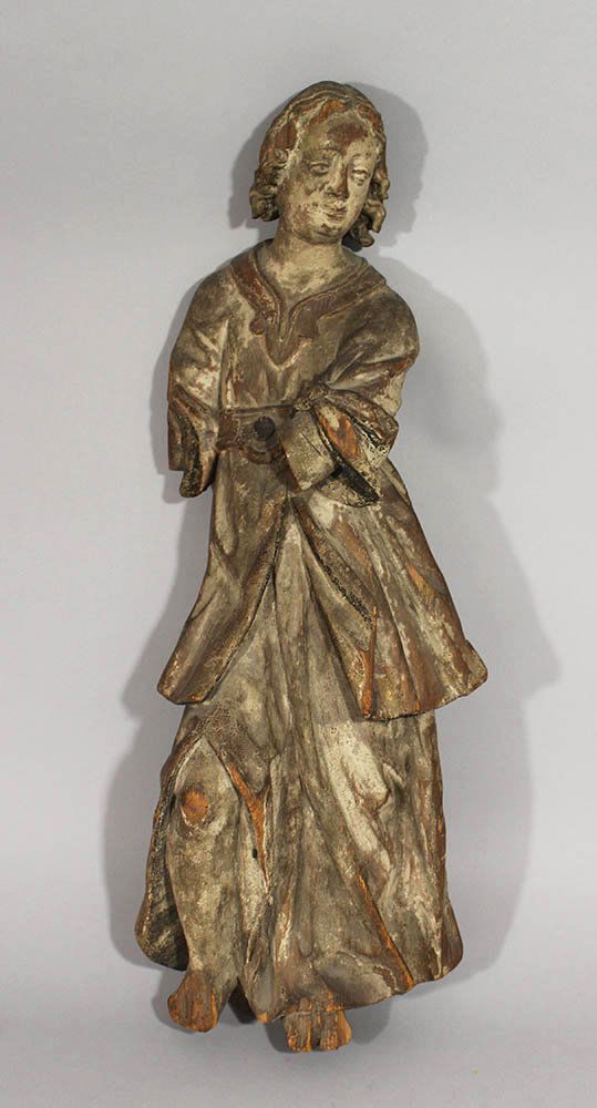 Wooden torso of a female saint with waved robe and hair; (1 of 3)