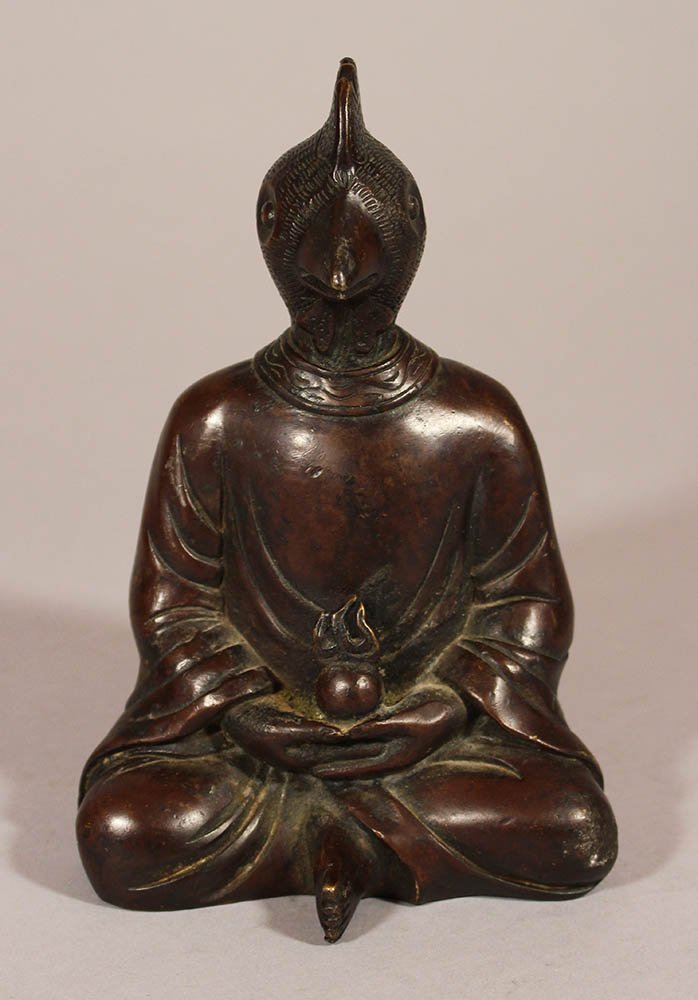 Unusual Bronze figure of a Rooster sitting in: Unusual Bronze figure of a Rooster sitting in meditation pose and holding a object in crossed human hands and feet, nice falt folds, Bronze casted , hand finished with original light brown patina. Dim