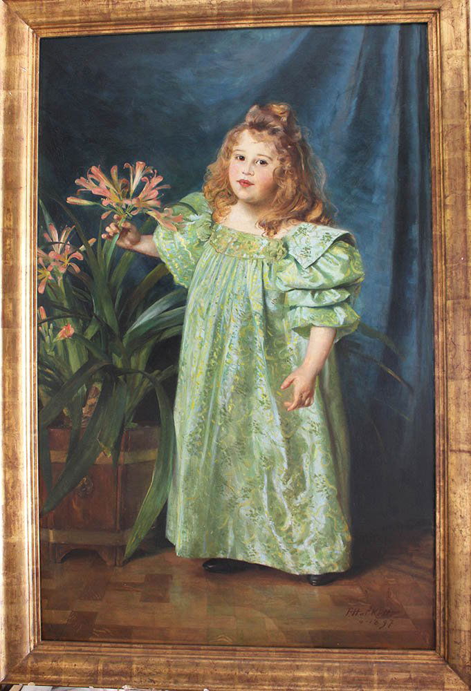 Francoise Clement Halkett (1856-1921), Portrait of a: Francoise Clement Halkett (1856-1921), Portrait of a young girl with flowers; oil on canvas, signed bottom right and dated 1897, framed. Dimensions: 125x75cm