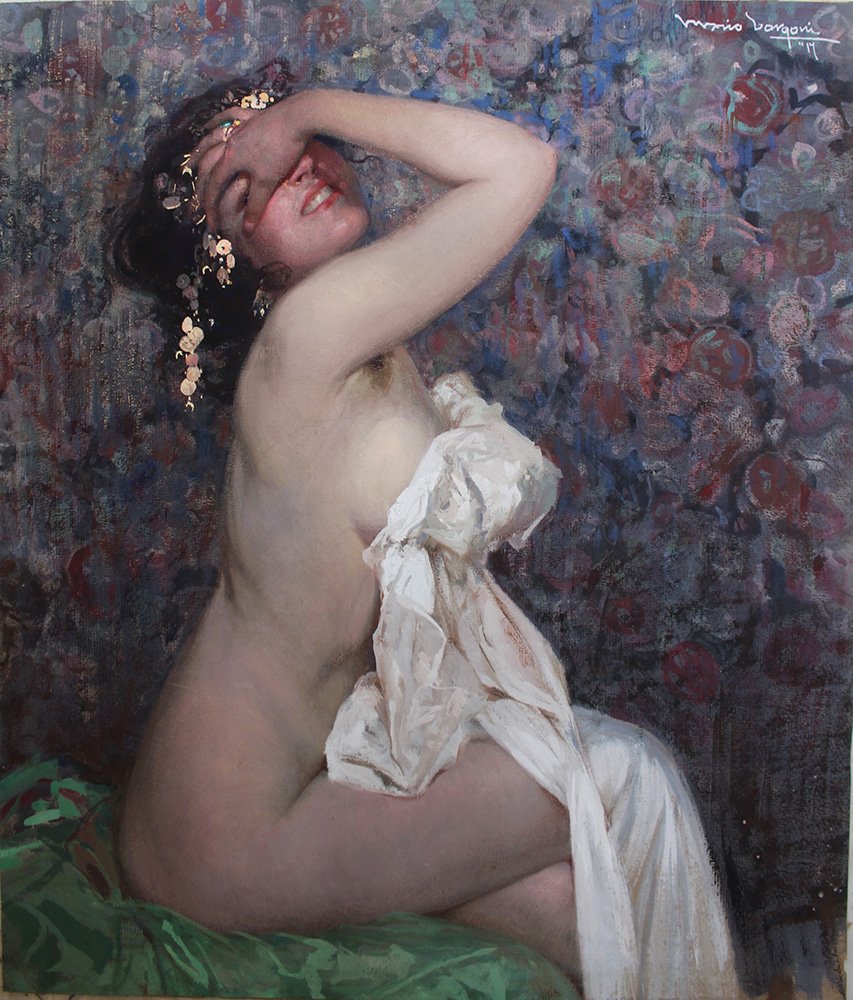 Mario Borgoni (1869–1936), Half nude girl hiding her: Mario Borgoni (1869–1936), Half nude girl hiding her face and looking with one eye to the viewer; sitting on a green pillow, with hair decorations, in front of a coloured tapestry; tempera on paper,