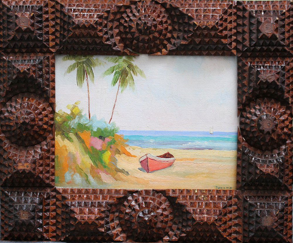 Charles Laval (1862–1894)-attributed, Seascape with: Charles Laval (1862–1894)-attributed, Seascape with boat on a beach by palm trees; oil on card board, described bottom right „Panama“; on the reverse old paper label described: „Charles Laval,