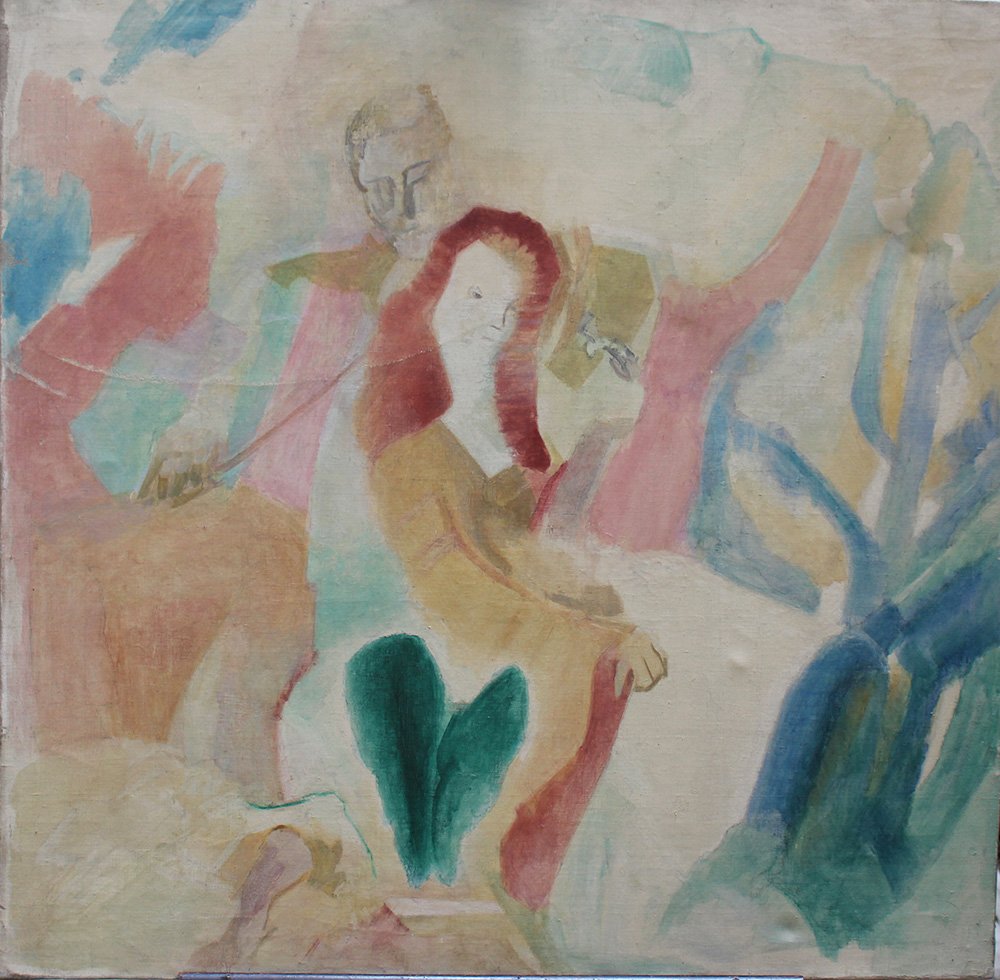 Anton Velim (1892-1954), A violinist and a listening: Anton Velim (1892-1954), A violinist and a listening girl in landscape, oil on canvas; on the reverse titeled in German „Liebeslied Wz. Nr. 20, 1946-1954“ and exhibition number. Dimensions: 98x100