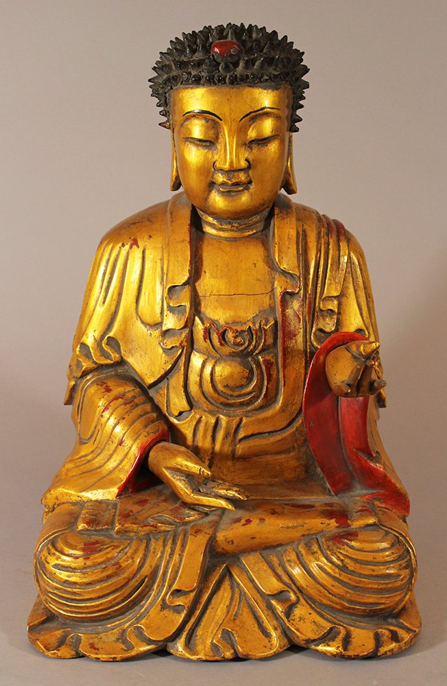 Asian wooden Buddha statue, in sitting position with (1 of 3)