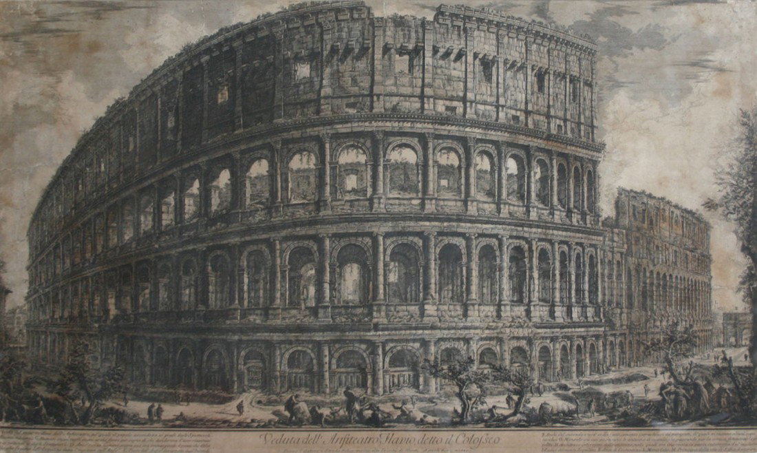 Giovanni Battista Piranesi (1720 - 1778) "Veduta A: Giovanni Battista Piranesi (1720 - 1778) "Veduta Anfiteatro Flavio, detto il Colosseo," a large black and white engraving, 17" x 27" (43cms x 69cms). (1)