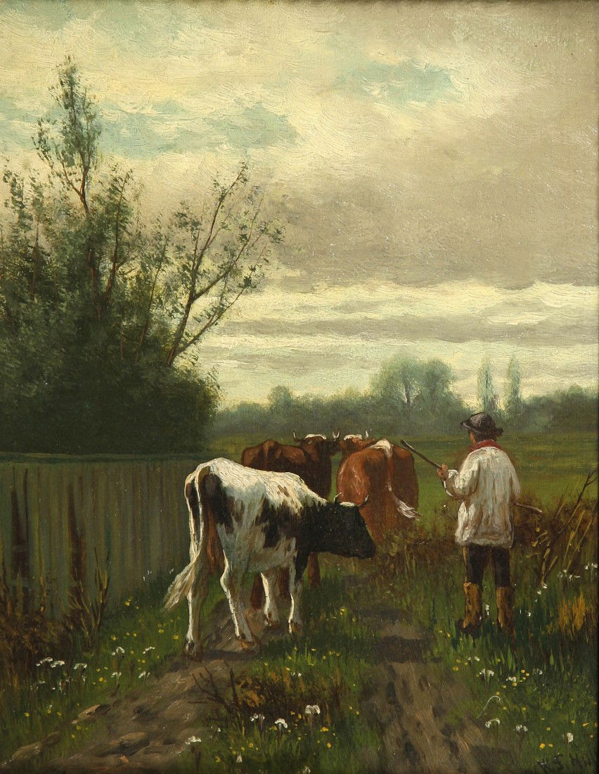 William Frederick Hulk, British (1852 - 1906) "Cat: William Frederick Hulk, British (1852 - 1906) "Cattle and Drover in a Landscape at Sunset," O.O.C., signed, 9 3/4" x 7 1/2" (25cms x 19cms). (1)