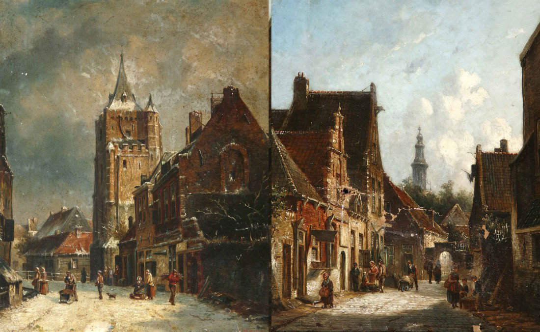 Adrianus Evesen (Dutch 1818 - 1897) "Dutch Street : Adrianus Evesen (Dutch 1818 - 1897) "Dutch Street Scene with Tower," O.O.C., signed lower right A. Eversen, together with its companion "Busy Dutch Street Scene with Steeple beyond," O.O.C., also sign