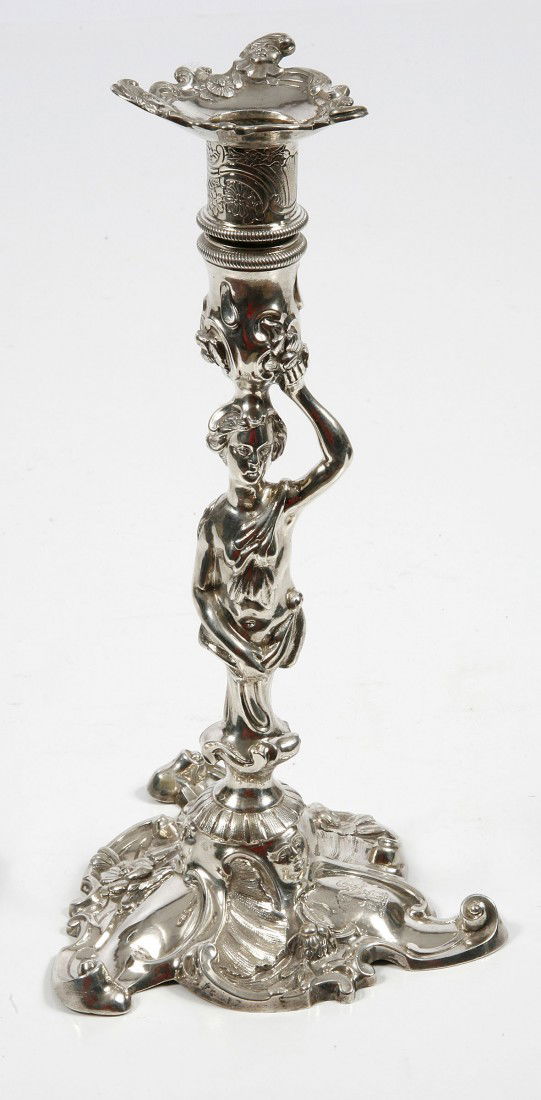 A highly important set of 4 Irish cast silver Figu: A highly important set of 4 Irish cast silver Figural Table Candlesticks, by John Walker, Dublin c. 1773, each with a detachable tri-form drip pan with scrolls and masks (indistinct makers mark on one