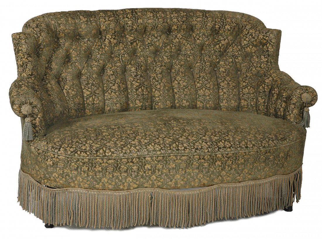 A pair of ebonised two-seater Settees, 20th cent: A pair of ebonised two-seater Settees, 20th century, each with a button back and padded seat with front turned legs covered in attractive brocade 55" (140cms)