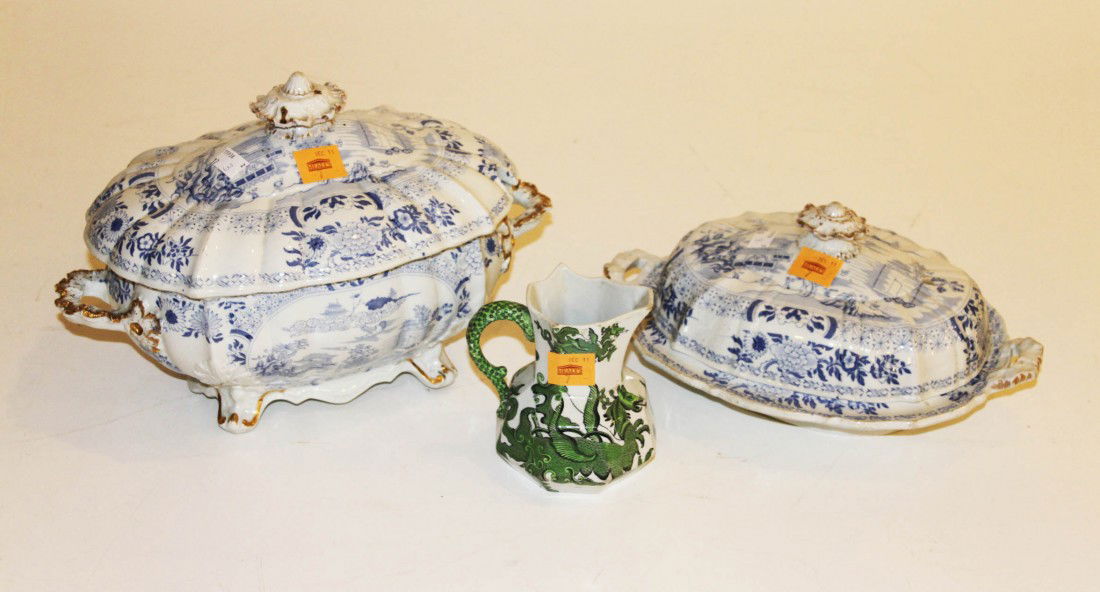 A blue and white Masons Ironstone Soup Tureen and co: A blue and white Masons Ironstone Soup Tureen and cover with two gilt edge handles, on scroll legs, 13 1/2" (35cms), together with a matching Vegetable Tureen and cover, and a Masons Ironstone green d