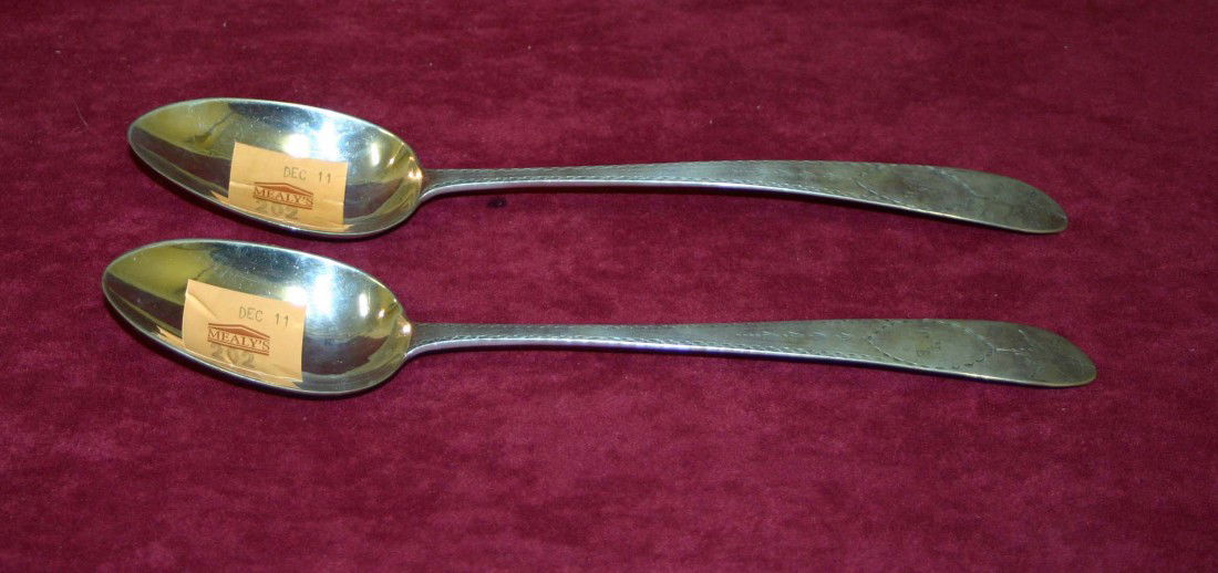 A fine pair of Irish Provincial silver bright cut: A fine pair of Irish Provincial silver bright cut Serving Spoons, by William Ward, Limerick 1798 - 1810, 9 1/2" (24cms), 125g, 4.4ozs. (2)