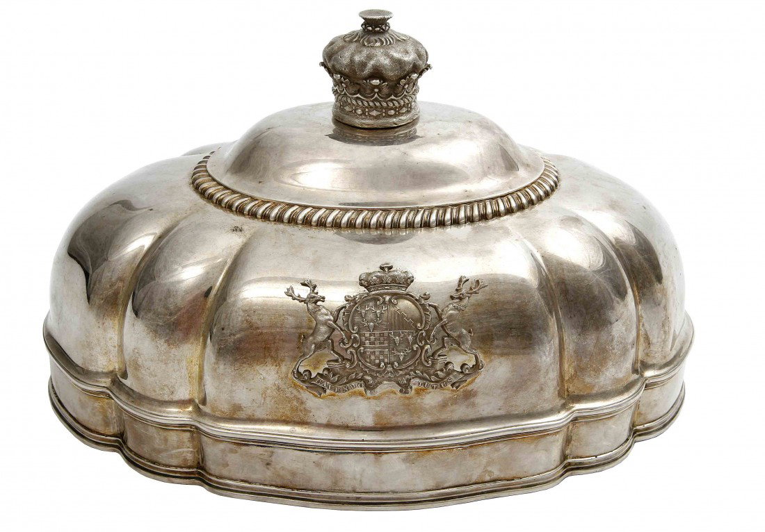 The "Bachelor Duke" of Devonshire A highly impor: The "Bachelor Duke" of Devonshire A highly important pair lof heavy silver Meat Dish Covers, George IV period, London 1825 by Robert Garrard, each of oval lobed form with Ducal crown finial above a do