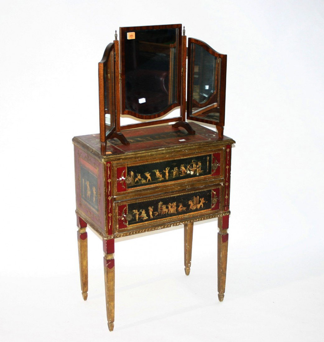 A decorated and parcel gilt Bedside Chest or Lamp : A decorated and parcel gilt Bedside Chest or Lamp Table, modern, with transfer printed panel on square tapering legs, 24" (61cms), together with a small triptych Dressing Table Mirror. (2)