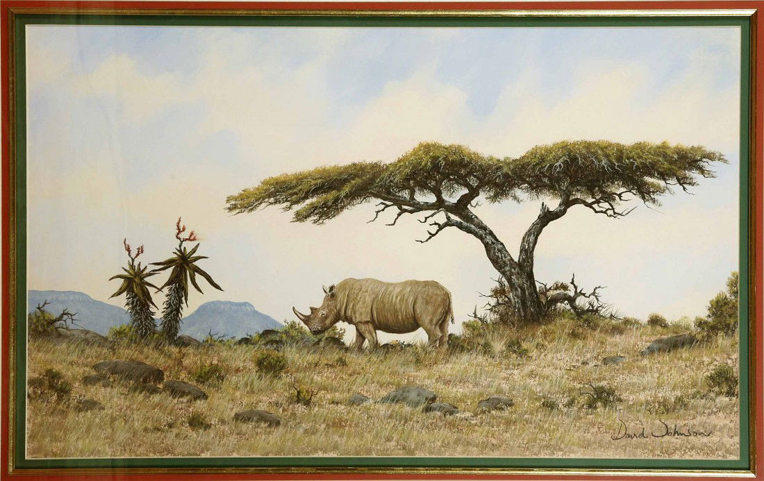 David Johnson (African, b. 1958) 'Rhinoceros unde: David Johnson (African, b. 1958) 'Rhinoceros under the shade of a tree in n African landscape, watercolour & pastel, 19" (48cms) x 31" (79cms)