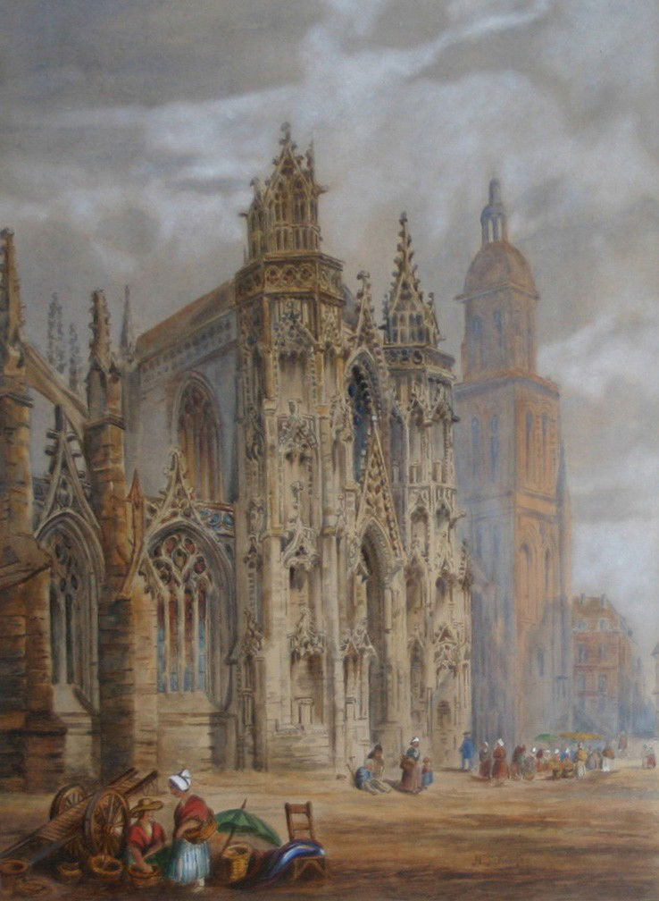 Henry Thomas Schafer, 'Figures around a Cathedral: Henry Thomas Schafer, 'Figures around a Cathedral', signed and inscribed, 18.5" (47cms) x 14" (36cms)