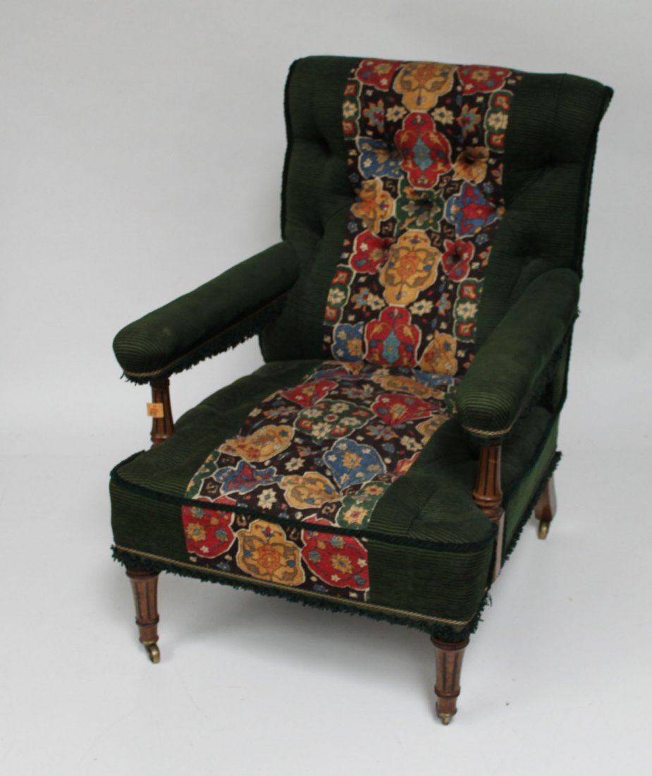 An attractive oak armchair, late Victorian, with : An attractive oak armchair, late Victorian, with ebony inlay covered in attractive green tapestry type fabric. (1).