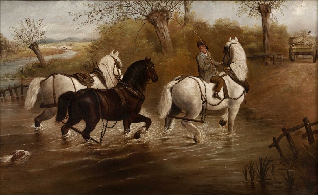 19th CENTURY ENGLISH SCHOOL Work horses with figur: 19th CENTURY ENGLISH SCHOOL Work horses with figure crossing a stream, with hay wagon beyond, oil on canvas, 17.5" (45cms) x 28.5" (73cms). (1).