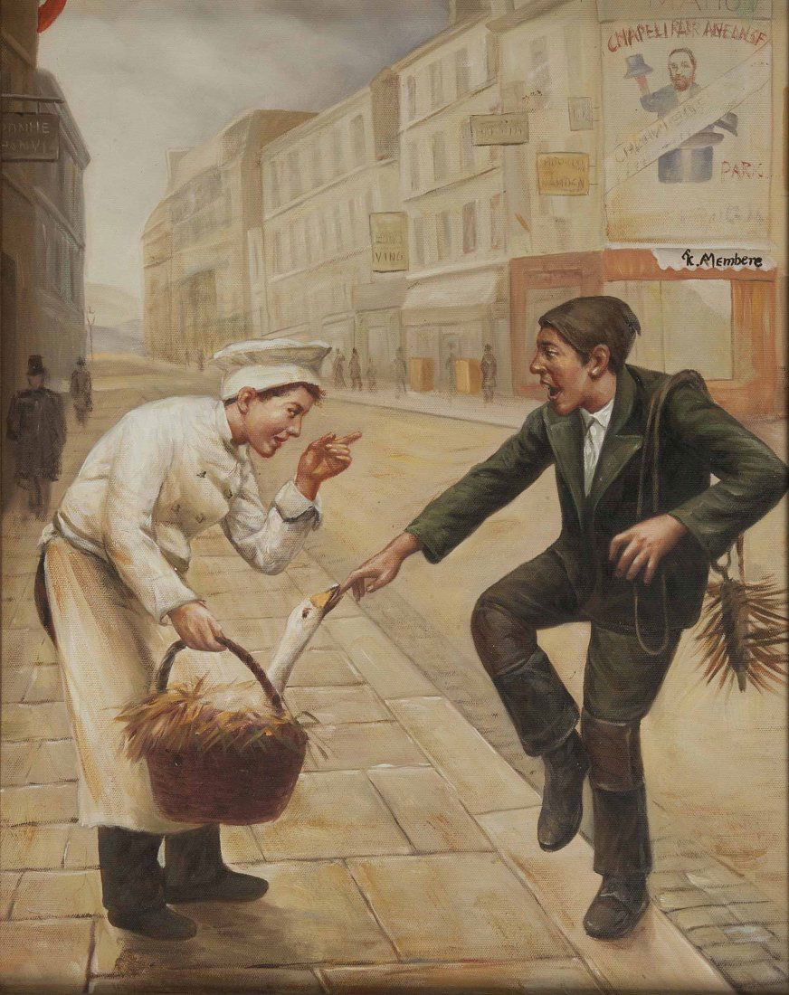 AFTER PAUL-CHARLES CHOCARNE-MOREAU (1855-1931) The: AFTER PAUL-CHARLES CHOCARNE-MOREAU (1855-1931) The angry goose, oil on canvas, signed T.K. Membere, 19.25" (49cms) x 15.25" (39cms). (1).