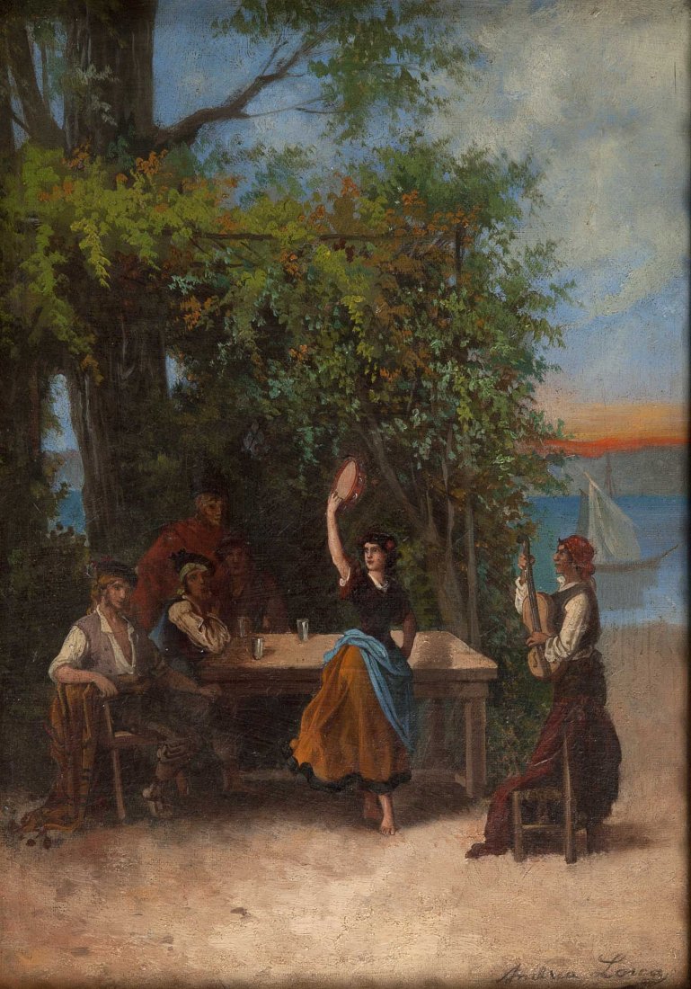 19th CENTURY CONTINENTAL SCHOOL Street scenes wit: 19th CENTURY CONTINENTAL SCHOOL Street scenes with musicians and dancers, and its companion, a similar scene, oil on canvas, signed Andrea Lorca 13.5 (34cms) x 9.5" (24cms). (2).