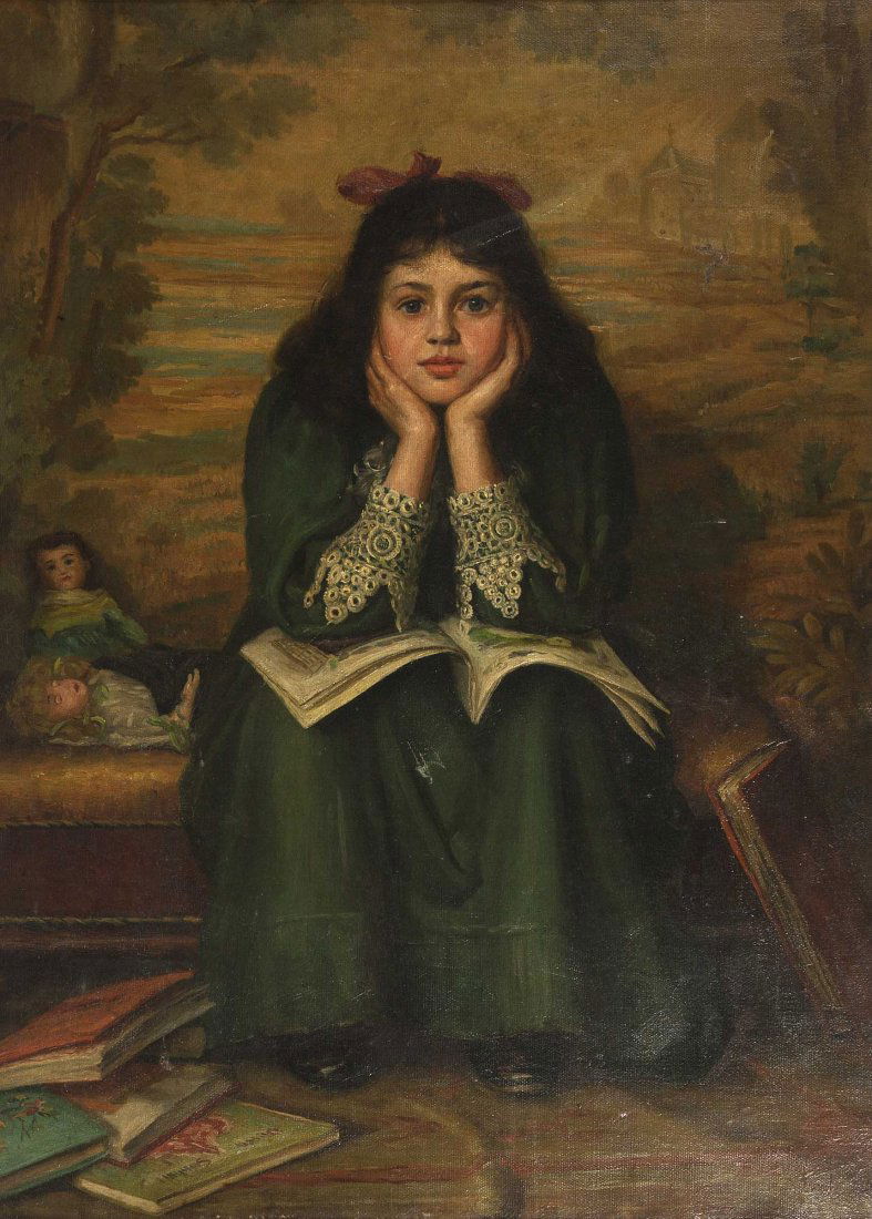 LATE 19TH CENTURY / EARLY 20TH CENTURY SCHOOL You: LATE 19TH CENTURY / EARLY 20TH CENTURY SCHOOL Young girl with dolls seated on a bench with church beyond holding a sketching pad, oil on canvas, indistinctly signed H. Chard*** 1900, 29" (74cms) x 21"