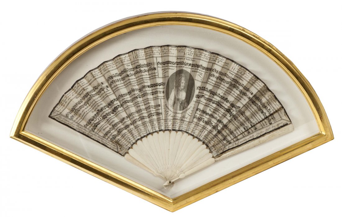 CONTINENTAL SCHOOL, CIRCA 1791, : CONTINENTAL SCHOOL, CIRCA 1791, A painted fan of a sheet of music dedicated to the Duchess of York, engraving on ivory sticks, 9" x 16" (23cms x 41cms). (1).