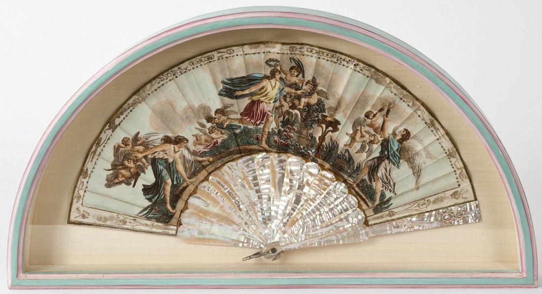 LATE 18TH/EARLY 19TH CENTURY CONTINENTAL SCHOOL: LATE 18TH/EARLY 19TH CENTURY CONTINENTAL SCHOOL A painted fan depicting classical scene with gods and goddesses and putti around an altar, gouache on mother-of-pearl sticks, applied monogram to stick,