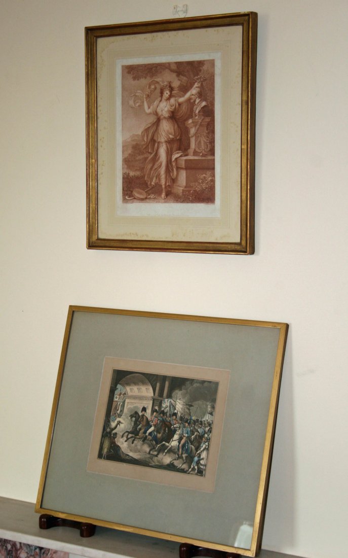 AFTER RICHARD COSWAY Classical Woman, a Bartolozzi: AFTER RICHARD COSWAY Classical Woman, a Bartolozzi engraving; another balck and white portrait print Mademoiselle Taglioni; a pair of French colourd engravings depicting miliatry scenes; and one other