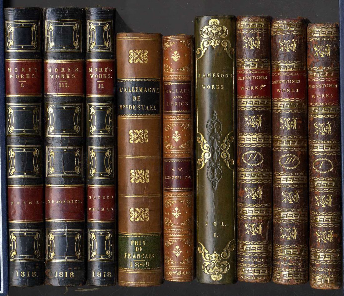 Bindings: More's Works, 19 vols. sm. 8vo L. 1818, : Bindings: More's Works, 19 vols. sm. 8vo L. 1818, full blue mor., gilt decor; Jameson (Mrs.) Works, 10 vols. sm. 8vo L. 1834, cont. hf. green mor. tooled gilt spines; & 35 others, attractive bindings.