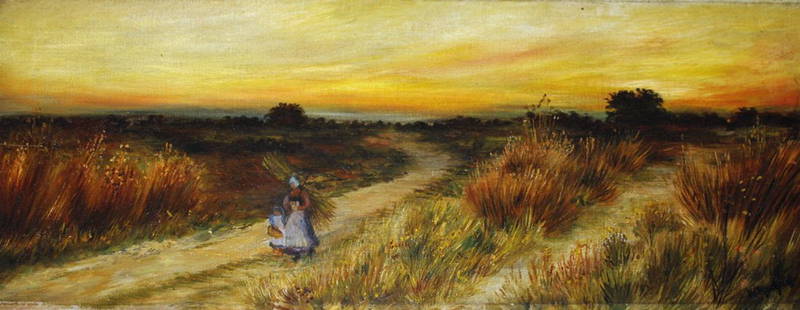 WILLIAM MACBRIDE ( 1836- 1913), ''The Faggot: WILLIAM MACBRIDE ( 1836- 1913), ''The Faggot Gatherers,'' in a Sunset Landscape, O.O.C., unframed 10in (25cm)h x 24in (61cm)w. (1)