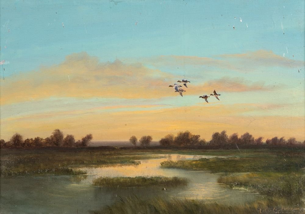 ROBERT JOHNSON (19TH/20TH CENTURY), Ducks in Flight at: ROBERT JOHNSON (19TH/20TH CENTURY), Ducks in Flight at Sunset over Marshland, o.o.c, signed lower right, 13.5in (34cm)h x 20in (51cm). (1)