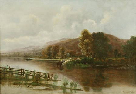 ERNEST PARTON (1845-1933) ''On the Derwent, - River: ERNEST PARTON (1845-1933) ''On the Derwent, - River Landscape with Figures in a Punt and Cattle,'' O.O.C., signed, also signed and inscribed, verso, 29'' x 42'' (74cms x 107cms). (1)
