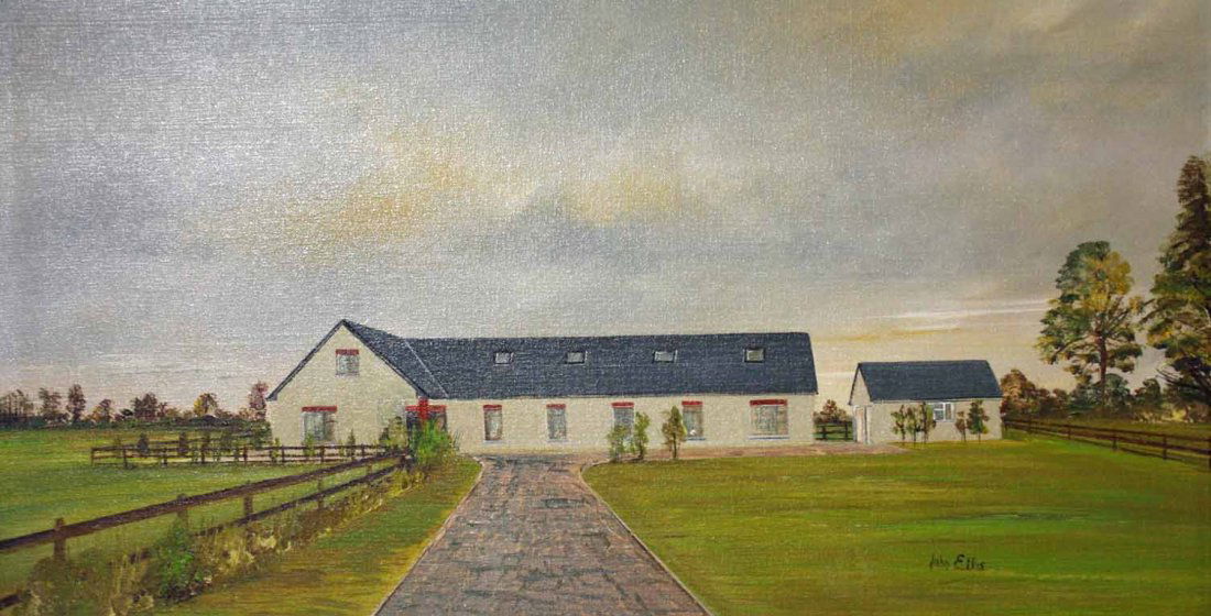 JOHN ELLIS (21ST CENTURY IRISH), Modern Bungalow and: JOHN ELLIS (21ST CENTURY IRISH), Modern Bungalow and Lawns, O.O.B, signed lower right, 15.5in (39cm)h x 29.5in (75cm); together with an attractive coloured print, Mare and Fowl with Terrier in a Stabl