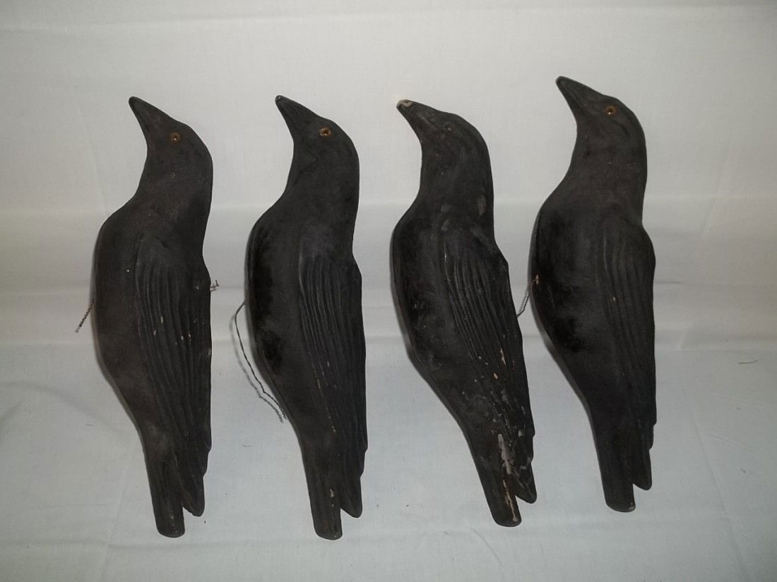 4 Paper Machette Crows: Lot of 4 Paper Machete Crows, some with missing eyes and rub marks.