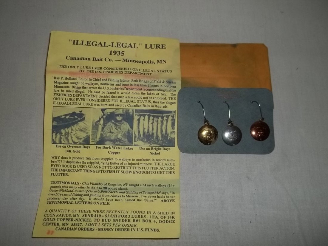 1934 Illegal-Legal Lure 14k-Copper-Nickel Set: Nice Illegal-Legal Lure set of 3 by the Canadian Bait Co Minn, MN. This lot of 3 comes accompanied by a letter telling about them and states that a quantity of these were found in a shed in Coon Rapid