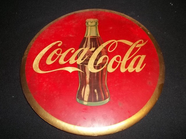 Old Antique Coca-Cola Advertising Sign: Nice small Antique Coca-Cola hang up button. Measures 9 inches across.